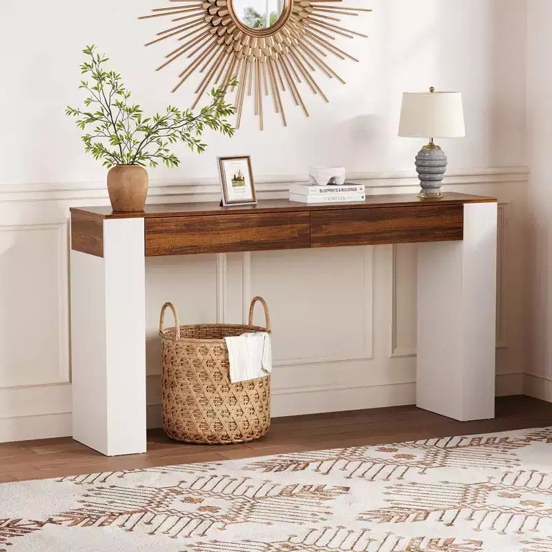 Long Console Table with 2 Drawers,Farmhouse Entryway Table Behind Couch,Wooden Foyer Stand Entry Station, Modern Hallway Accent Furniture