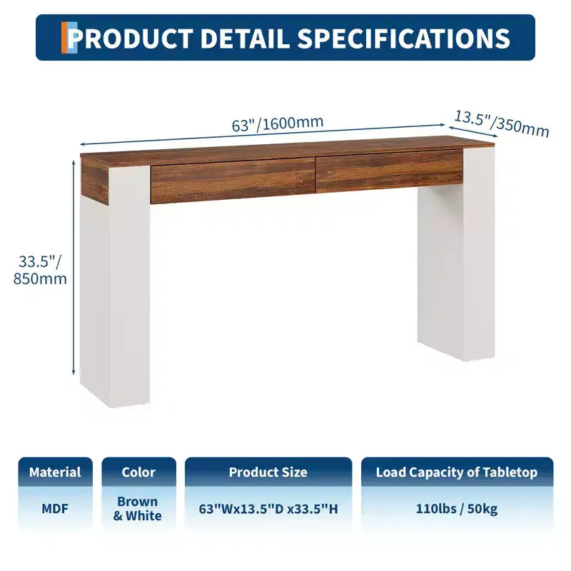 Longue table console avec 2 tiroirs, table d'entrée de style campagnard derrière le canapé, support en bois pour hall d'entrée, meuble d'appoint moderne pour couloir
