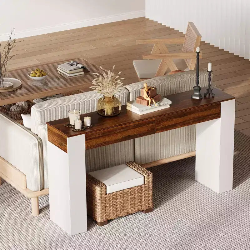 Longue table console avec 2 tiroirs, table d'entrée de style campagnard derrière le canapé, support en bois pour hall d'entrée, meuble d'appoint moderne pour couloir