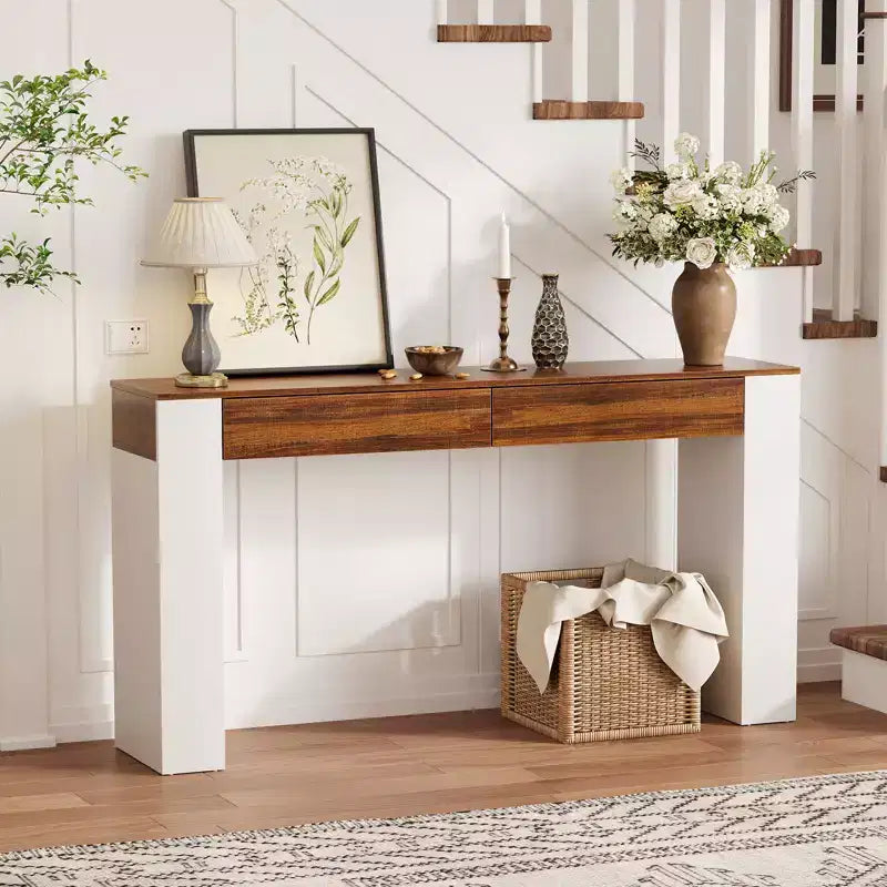 Longue table console avec 2 tiroirs, table d'entrée de style campagnard derrière le canapé, support en bois pour hall d'entrée, meuble d'appoint moderne pour couloir