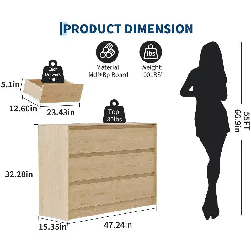 Commode de chambre Acekool à 6 tiroirs, 120 cm, en bois, avec armoire de rangement, finition chêne naturel