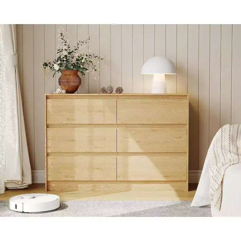 Commode de chambre Acekool à 6 tiroirs, 120 cm, en bois, avec armoire de rangement, finition chêne naturel