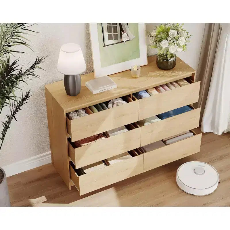 Commode de chambre Acekool à 6 tiroirs, 120 cm, en bois, avec armoire de rangement, finition chêne naturel