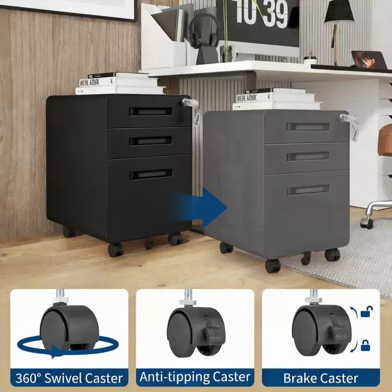 Classeur métallique sécurisé à 3 tiroirs, verrouillable, entièrement assemblé, mobile sous le bureau sur 5 roulettes, anti-basculement, compatible avec les dossiers A4/Lettre/Légal, Noir