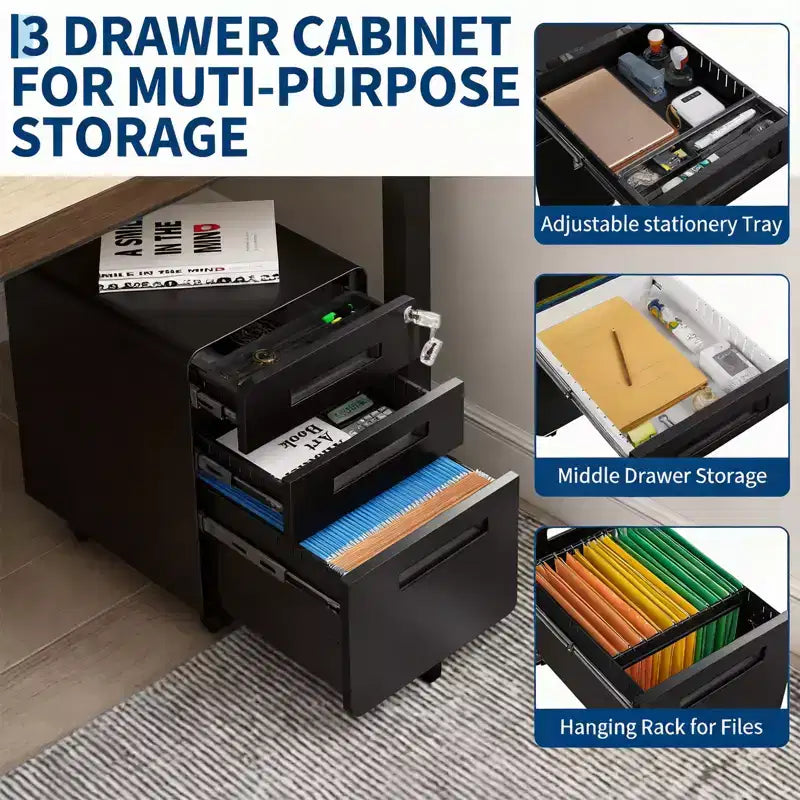 Classeur métallique sécurisé à 3 tiroirs, verrouillable, entièrement assemblé, mobile sous le bureau sur 5 roulettes, anti-basculement, compatible avec les dossiers A4/Lettre/Légal, Noir