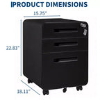 Classeur métallique sécurisé à 3 tiroirs, verrouillable, entièrement assemblé, mobile sous le bureau sur 5 roulettes, anti-basculement, compatible avec les dossiers A4/Lettre/Légal, Noir