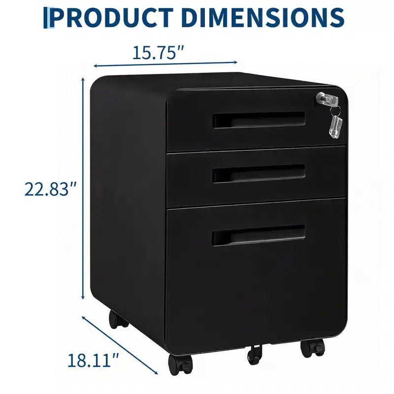 Classeur métallique sécurisé à 3 tiroirs, verrouillable, entièrement assemblé, mobile sous le bureau sur 5 roulettes, anti-basculement, compatible avec les dossiers A4/Lettre/Légal, Noir