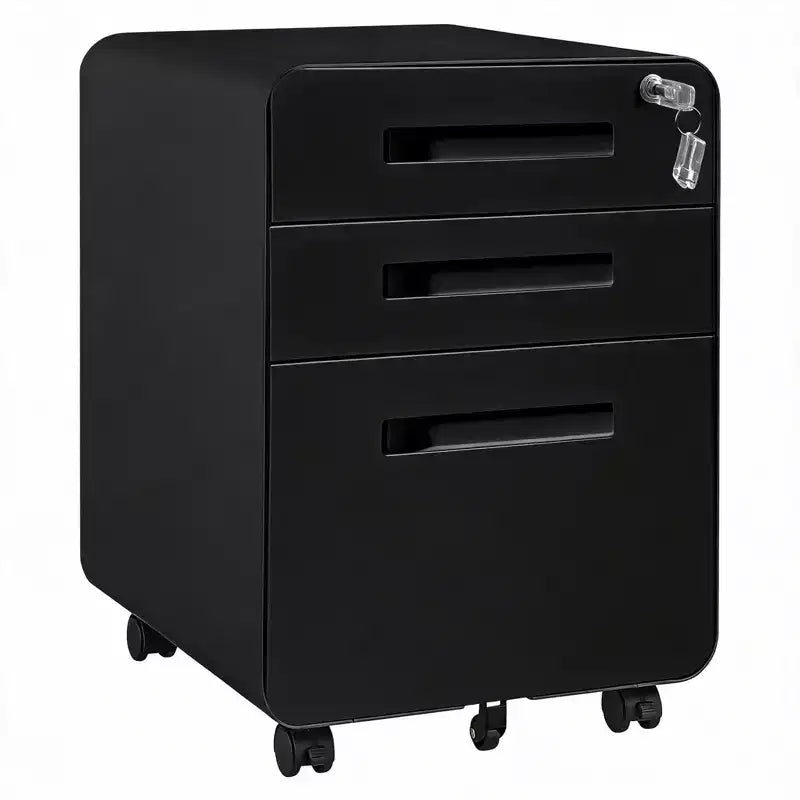 Classeur métallique sécurisé à 3 tiroirs, verrouillable, entièrement assemblé, mobile sous le bureau sur 5 roulettes, anti-basculement, compatible avec les dossiers A4/Lettre/Légal, Noir
