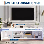 Meuble TV laqué brillant pour téléviseurs 75/80/85 pouces, meuble de divertissement moderne avec lumières et étagères en verre, console média pour salon et chambre