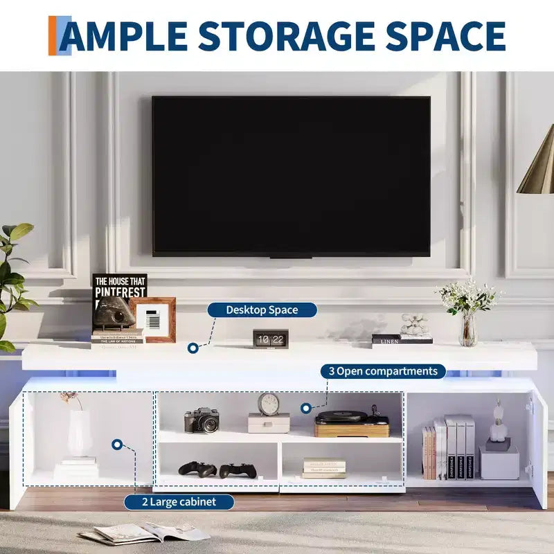 Meuble TV laqué brillant pour téléviseurs 75/80/85 pouces, meuble de divertissement moderne avec lumières et étagères en verre, console média pour salon et chambre