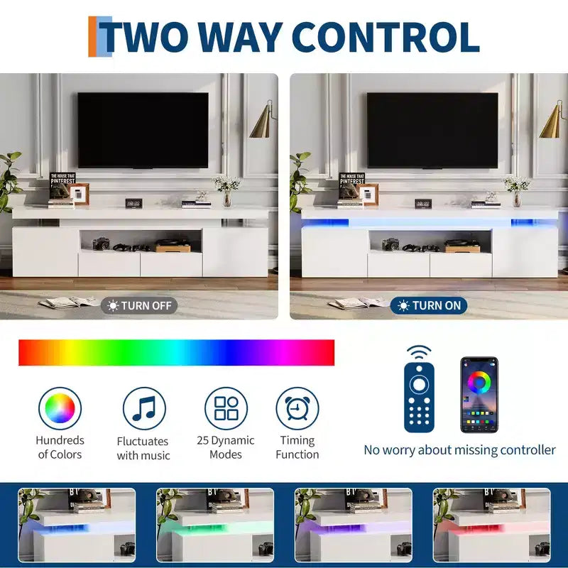 Meuble TV laqué brillant pour téléviseurs 75/80/85 pouces, meuble de divertissement moderne avec lumières et étagères en verre, console média pour salon et chambre