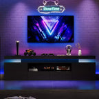 Meuble TV laqué brillant pour téléviseurs 75/80/85 pouces, meuble de divertissement moderne avec lumières et étagères en verre, console média pour salon et chambre