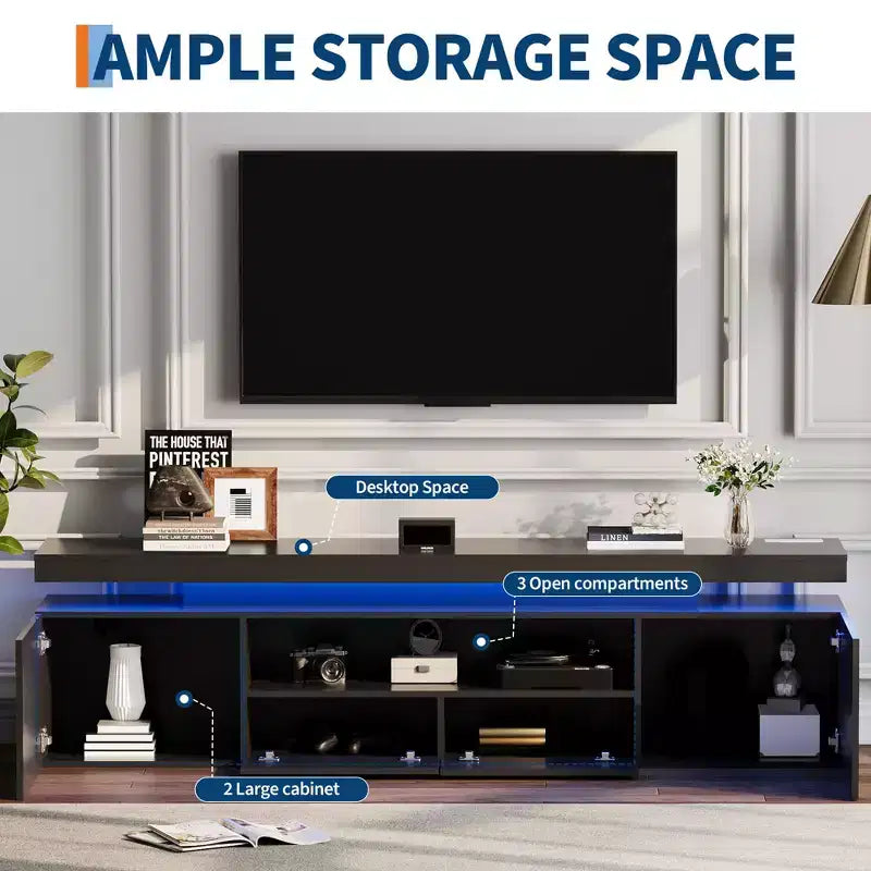 Meuble TV laqué brillant pour téléviseurs 75/80/85 pouces, meuble de divertissement moderne avec lumières et étagères en verre, console média pour salon et chambre