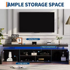 Meuble TV laqué brillant pour téléviseurs 75/80/85 pouces, meuble de divertissement moderne avec lumières et étagères en verre, console média pour salon et chambre