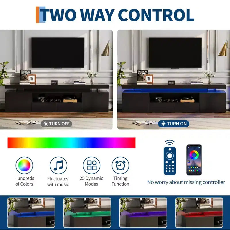 Meuble TV laqué brillant pour téléviseurs 75/80/85 pouces, meuble de divertissement moderne avec lumières et étagères en verre, console média pour salon et chambre