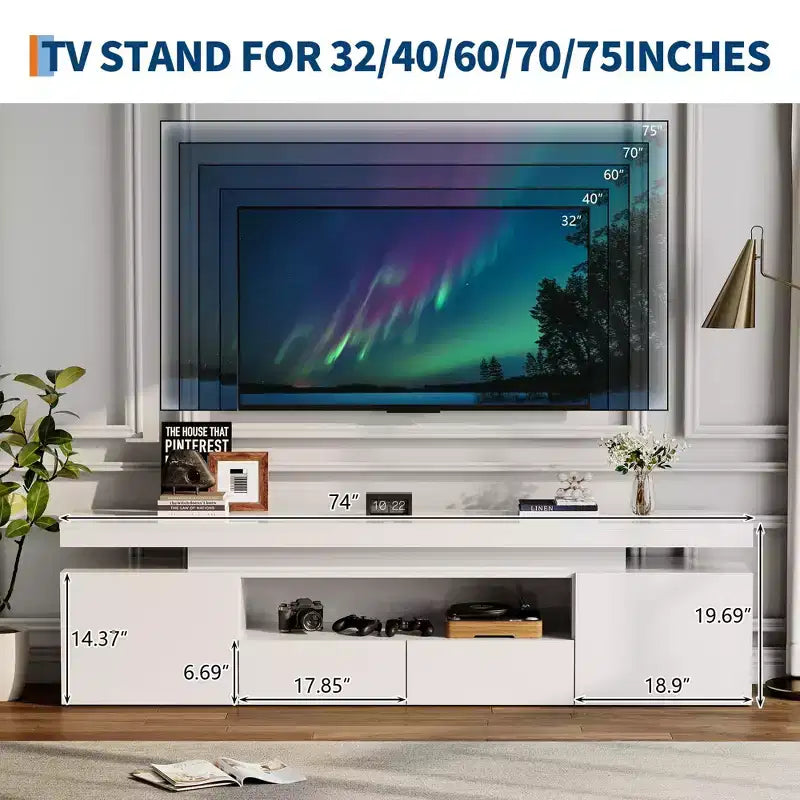Meuble TV laqué brillant pour téléviseurs 75/80/85 pouces, meuble de divertissement moderne avec lumières et étagères en verre, console média pour salon et chambre