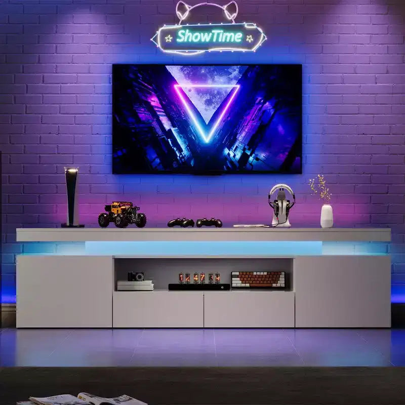Meuble TV laqué brillant pour téléviseurs 75/80/85 pouces, meuble de divertissement moderne avec lumières et étagères en verre, console média pour salon et chambre