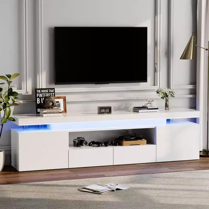 Meuble TV laqué brillant pour téléviseurs 75/80/85 pouces, meuble de divertissement moderne avec lumières et étagères en verre, console média pour salon et chambre