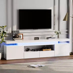 Meuble TV laqué brillant pour téléviseurs 75/80/85 pouces, meuble de divertissement moderne avec lumières et étagères en verre, console média pour salon et chambre