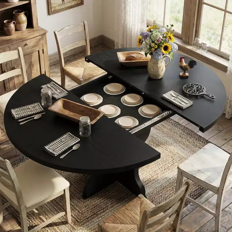GustoWave 47-63 Table à manger ronde extensible pour 4-8 personnes, table de cuisine ovale style ferme, cadre en métal, peu encombrante