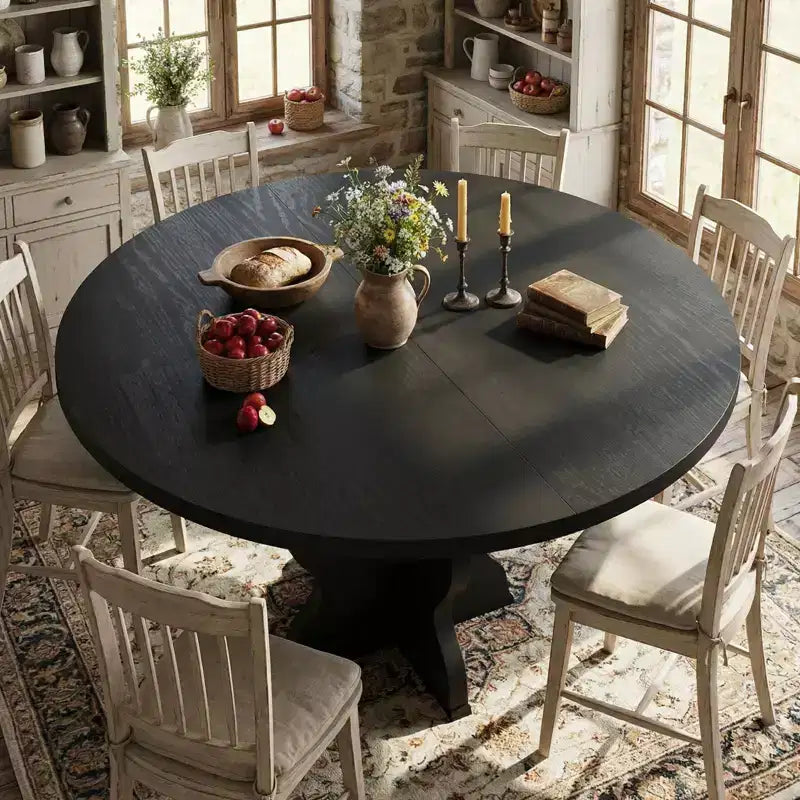 GustoWave 47-63 Table à manger ronde extensible pour 4-8 personnes, table de cuisine ovale style ferme, cadre en métal, peu encombrante