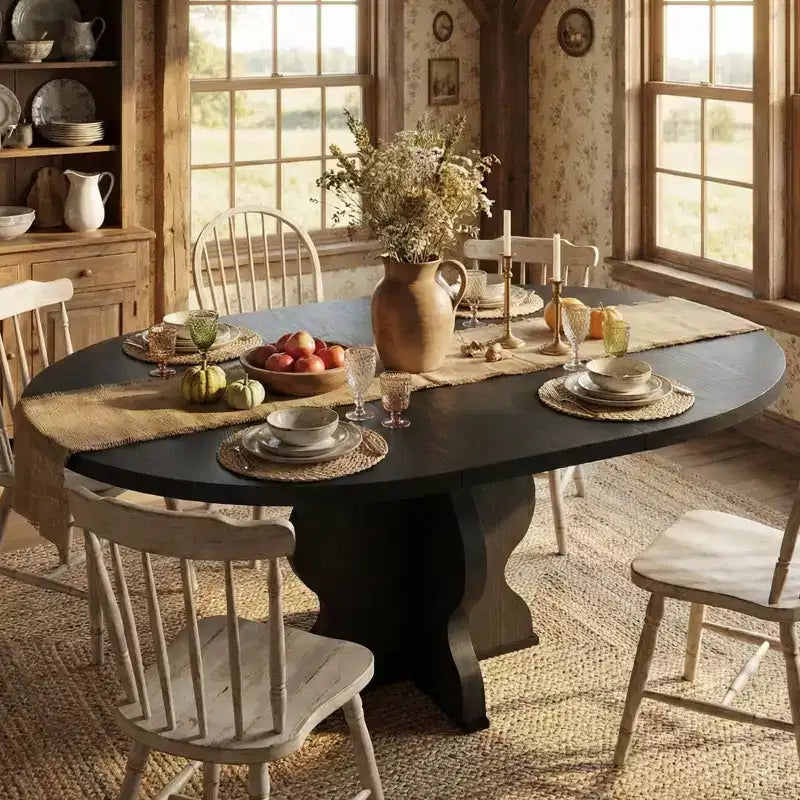 GustoWave 47-63 Table à manger ronde extensible pour 4-8 personnes, table de cuisine ovale style ferme, cadre en métal, peu encombrante