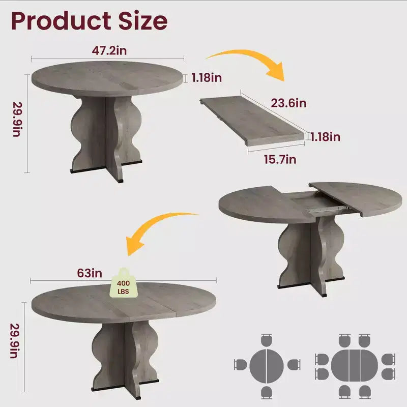 GustoWave 47-63 Table à manger ronde extensible pour 4-8 personnes, table de cuisine ovale style ferme, cadre en métal, peu encombrante