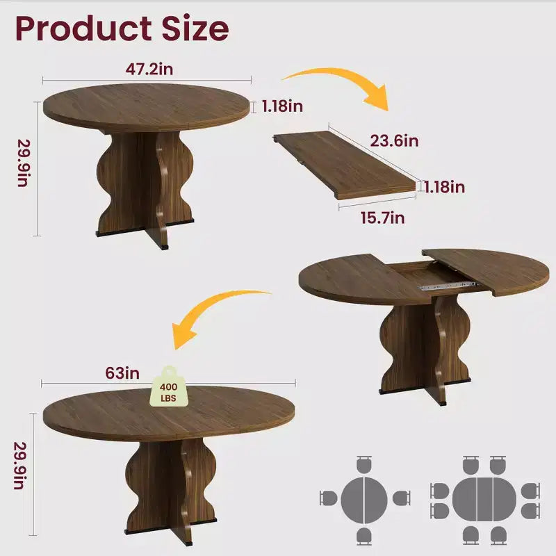 GustoWave 47-63 Table à manger ronde extensible pour 4-8 personnes, table de cuisine ovale style ferme, cadre en métal, peu encombrante