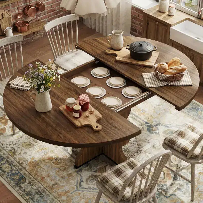 GustoWave 47-63 Table à manger ronde extensible pour 4-8 personnes, table de cuisine ovale style ferme, cadre en métal, peu encombrante