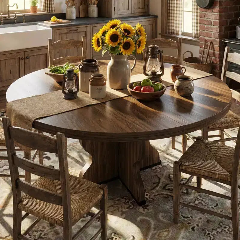 GustoWave 47-63 Table à manger ronde extensible pour 4-8 personnes, table de cuisine ovale style ferme, cadre en métal, peu encombrante