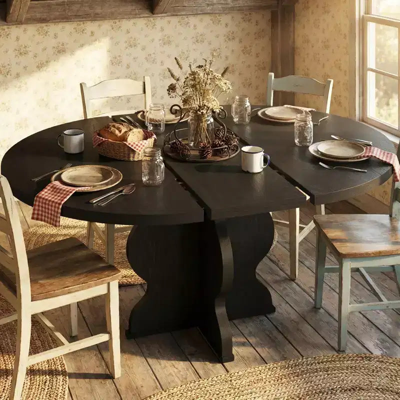 GustoWave 47-63 Table à manger ronde extensible pour 4-8 personnes, table de cuisine ovale style ferme, cadre en métal, peu encombrante