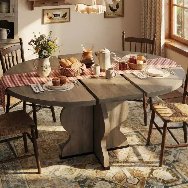GustoWave 47-63 Table à manger ronde extensible pour 4-8 personnes, table de cuisine ovale style ferme, cadre en métal, peu encombrante