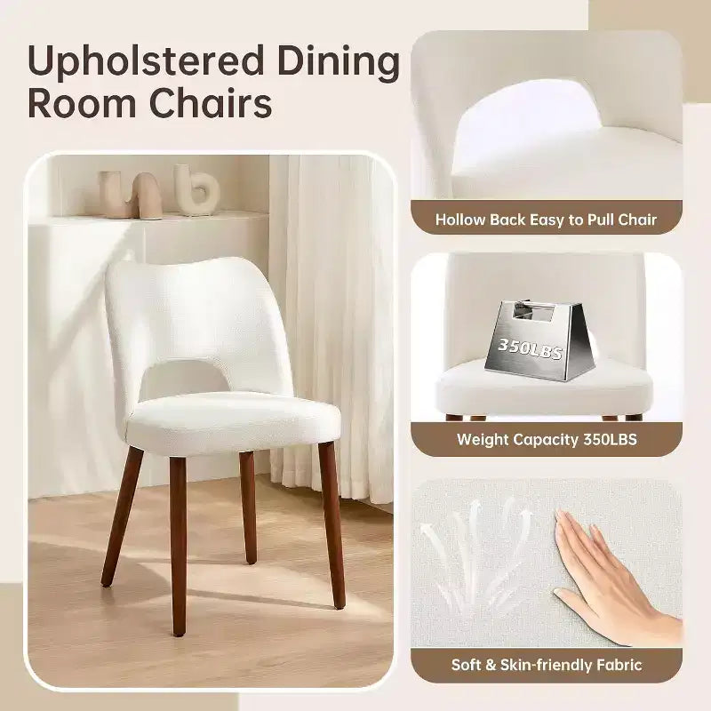 Chaises de salle à manger en bois, 6 pièces, Chaises de cuisine à dossier creux rembourrées en tissu avec patins réglables, pour cuisine et salle à manger, Blanc