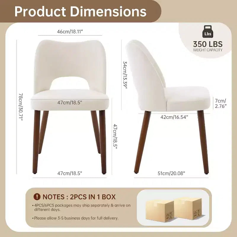 Chaises de salle à manger en bois, 6 pièces, Chaises de cuisine à dossier creux rembourrées en tissu avec patins réglables, pour cuisine et salle à manger, Blanc