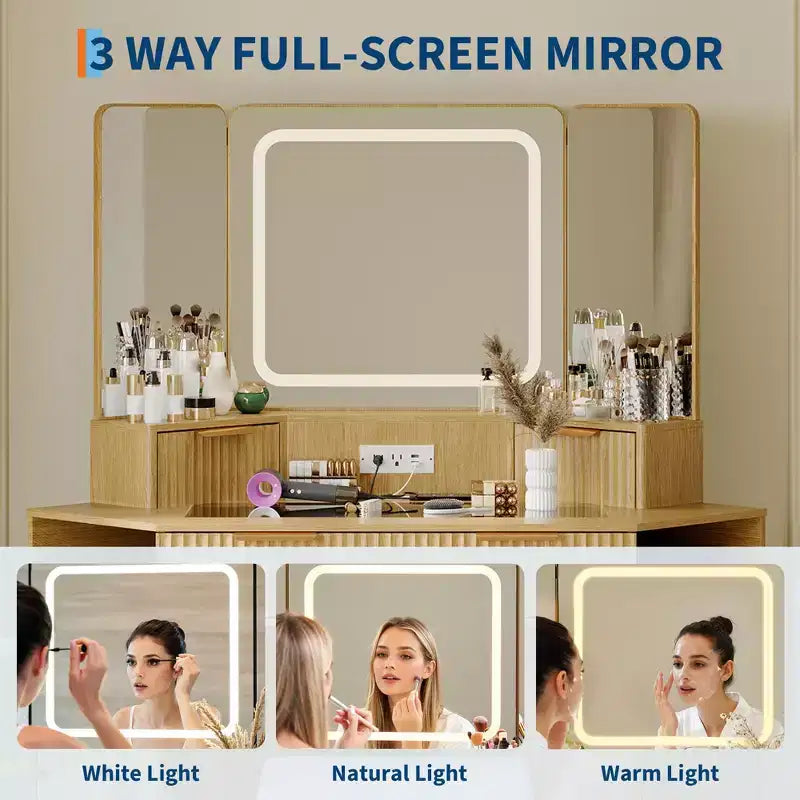 Coiffeuse d'angle cannelée Acekool avec plateau en verre, miroir et tabouret pour chambre à coucher