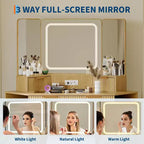 Coiffeuse d'angle cannelée Acekool avec plateau en verre, miroir et tabouret pour chambre à coucher