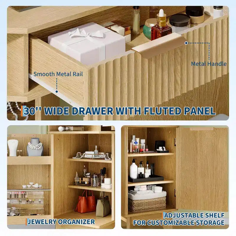 Coiffeuse d'angle cannelée Acekool avec plateau en verre, miroir et tabouret pour chambre à coucher