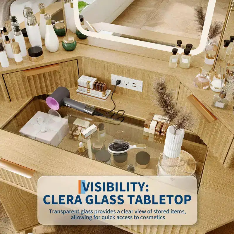 Coiffeuse d'angle cannelée Acekool avec plateau en verre, miroir et tabouret pour chambre à coucher