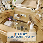 Coiffeuse d'angle cannelée Acekool avec plateau en verre, miroir et tabouret pour chambre à coucher