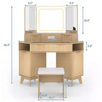 Coiffeuse d'angle cannelée Acekool avec plateau en verre, miroir et tabouret pour chambre à coucher