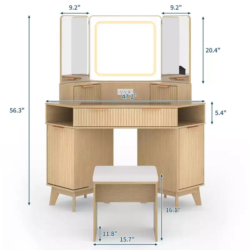 Coiffeuse d'angle cannelée Acekool avec plateau en verre, miroir et tabouret pour chambre à coucher