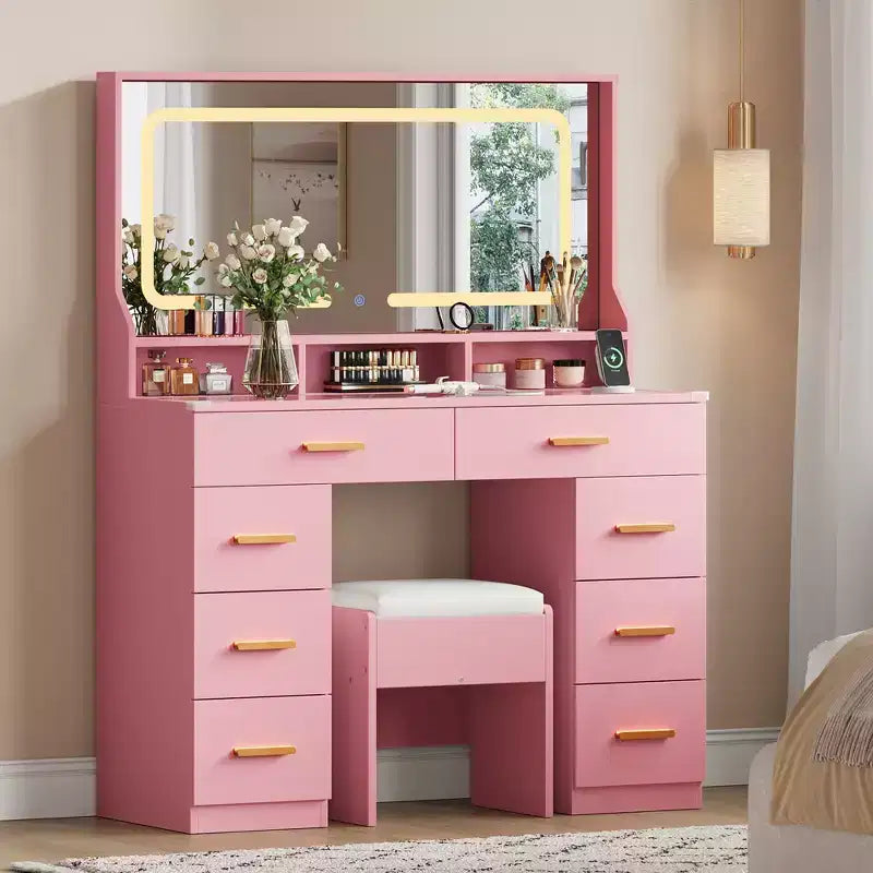 Coiffeuse Acekool 42 avec plateau en verre, miroir, 8 tiroirs et tabouret pour chambre à coucher