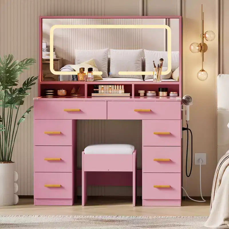 Coiffeuse Acekool 42 avec plateau en verre, miroir, 8 tiroirs et tabouret pour chambre à coucher