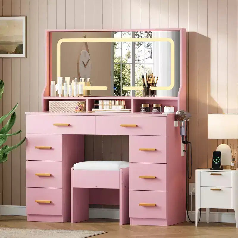 Coiffeuse Acekool 42 avec plateau en verre, miroir, 8 tiroirs et tabouret pour chambre à coucher