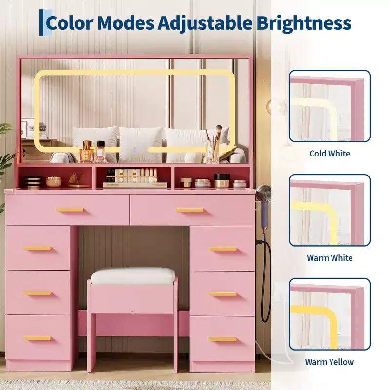 Coiffeuse Acekool 42 avec plateau en verre, miroir, 8 tiroirs et tabouret pour chambre à coucher