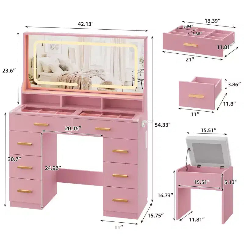 Coiffeuse Acekool 42 avec plateau en verre, miroir, 8 tiroirs et tabouret pour chambre à coucher