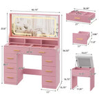 Coiffeuse Acekool 42 avec plateau en verre, miroir, 8 tiroirs et tabouret pour chambre à coucher