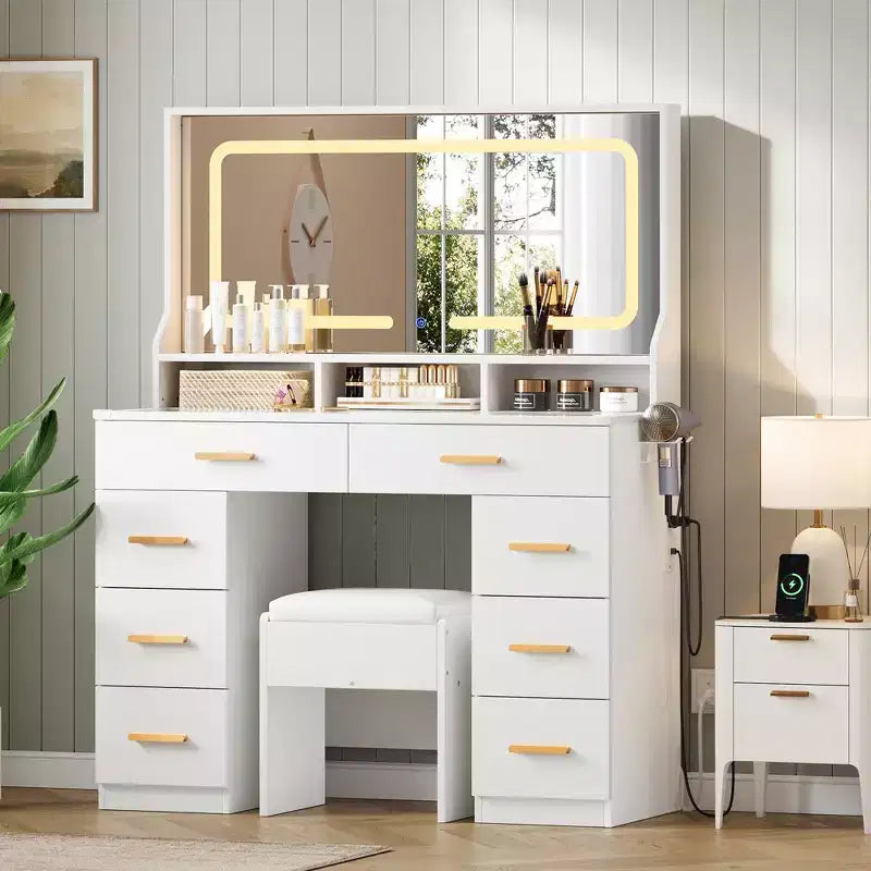Coiffeuse Acekool 42 avec plateau en verre, miroir, 8 tiroirs et tabouret pour chambre à coucher