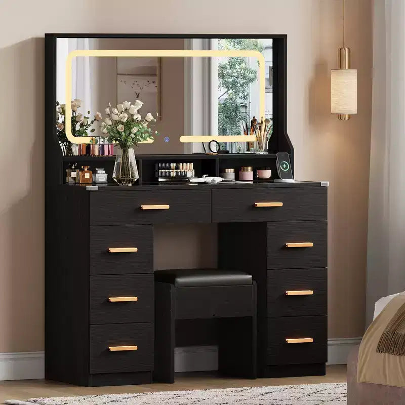 Coiffeuse Acekool 42 avec plateau en verre, miroir, 8 tiroirs et tabouret pour chambre à coucher