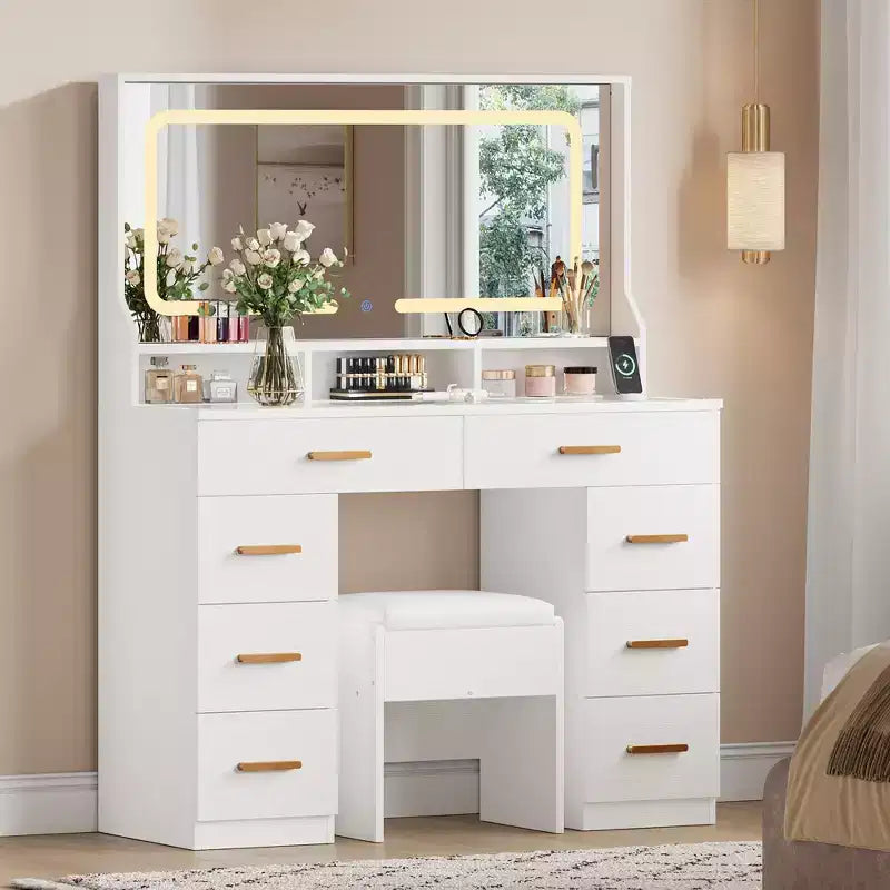 Coiffeuse Acekool 42 avec plateau en verre, miroir, 8 tiroirs et tabouret pour chambre à coucher